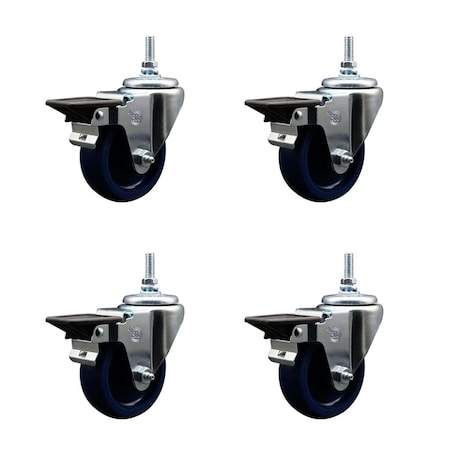 Service Caster 35 Inch Solid Polyurethane 38 Inch Threaded Stem Caster Set with Brake SCC-TS20S3514-SPUS-PLB-381615-4
